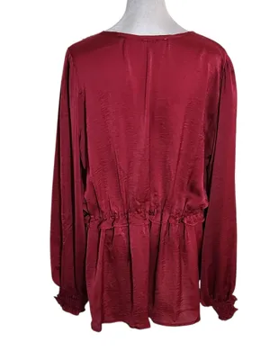 Umgee Burgundy Satin Sheen Babydoll Blouse Size Large thumbnail 2
