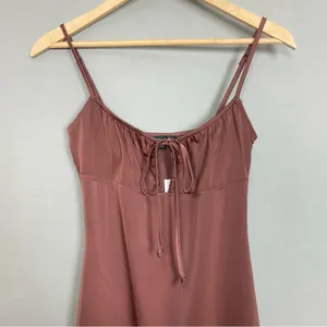 NWT Kendall +‎ Kylie Slip Drsss FLAWS Brown Size XS Midi Tie Milkmaid Satin thumbnail 5