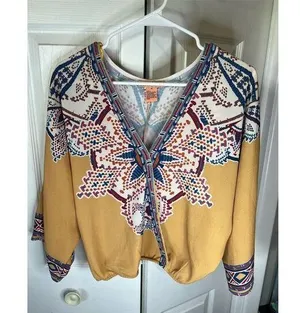 Flying Tomato Women's Boho Blouse M Multicolor Aztec Print Faux Wrap Emb… thumbnail 1