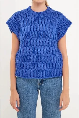 English Factory Sweater Vest Women Small‎ Blue Chunky Knit Oversized Preppy thumbnail 1