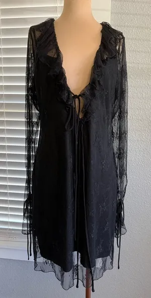 Whimsigoth Lace Overlay Mini Dress‎ Ruffle Plunge Neck Size 12 Bell Sleeves thumbnail 1