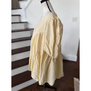 Showpo Light Yellow Asymmetric Off Shoulder Puff Sleeve Tiered Mini Swing Dress thumbnail 2