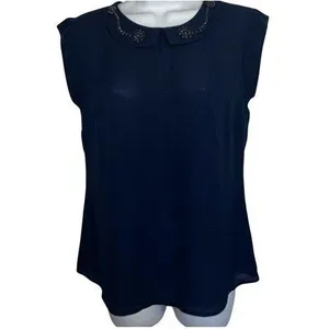 THE LIMITED Navy‎ Blue Rhinestone Embellished Peter Pan Collar Blouse NWOT XS thumbnail 6
