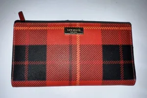 Kate Spade Neda Newbury Lane Plaid Print Red‎ Saffiano Leather Bifold Wallet K thumbnail 1