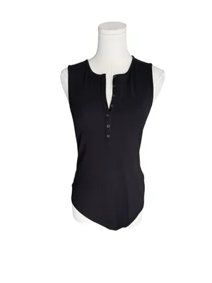American Eagle - Soft & Sexy Ribbed Henley Bodysuit Black Sleeveless Sz L thumbnail 2