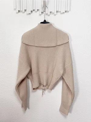 Zenana Beige Ribbed Knit Two Way Zip Up Sweater Jacket Oversized Collar Cardigan thumbnail 10
