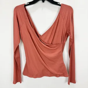 Lulus All Day Fave Rusty Rose Ribbed Surplice Long Sleeve Top Stretch XL NWT thumbnail 11