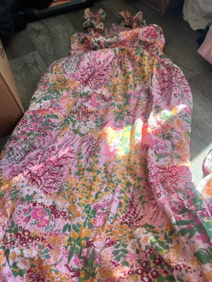 Banjanan L Alexa Floral Pink Green Maxi Tank Ruffle 100% Cotton Dress India Boho thumbnail 5