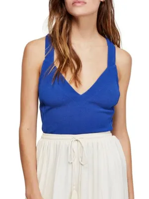 Free People One Call Away Royal Blue Open Back Strappy V Neck Halter Top XS thumbnail 1