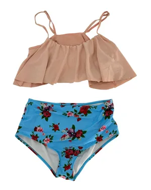 Two Piece Bikini Set‎ Womens Large Blue Pink Floral Ruffle High Waist Beach thumbnail 1