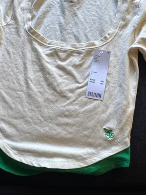 Urban Outfitters Cream Scoop Neck Top with Green Trim thumbnail 3