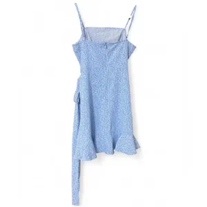 SHEIN Blue Floral Wrap Knot Slip Dress Medium – Ruffle Hem Spaghetti Strap Mini thumbnail 3