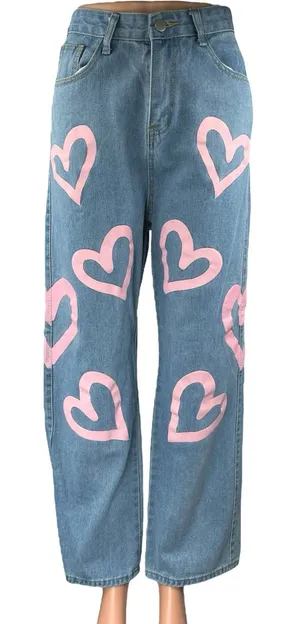 Colorful Natalie Blue Pink Hearts High Waisted Baggy Wide Leg Denim Jeans Size L thumbnail 1