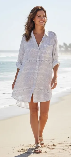 Cupshe Womens White‎ Geometric Print Button Down Shirt Dress Cover Up Size S thumbnail 1