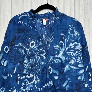 Anthropologie Pilcro The Tavi Ruffled Button Down Blouse Blue Batik Floral Small thumbnail 5