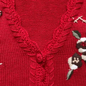 Vintage Red Embroidered Knit Sweater Vest Floral Cottagecore Medium Plaid Floral thumbnail 6