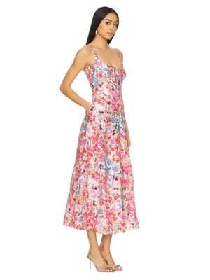 Bardot x Revolve - NWT Floral Corset Midi Dress Linen Blend Boned Bodice Sz L thumbnail 2