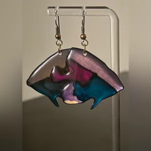 Vintage Nautical Iridescent Tropical Fish Dangle Earrings | Abstract Art Jewelry thumbnail 3