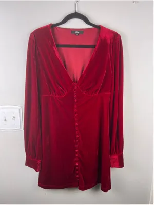 Lulus Red Velvet Mini Dress Womens M Long Sleeve V Neck Button Front Holiday Par thumbnail 2