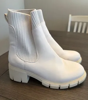 Women's White Chunky Chelsea Booties with Ribbed Ankle thumbnail 1