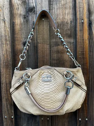 Y2K Coach Madison Kristin Satchel Tan Python Embossed Leather Silver Chain thumbnail 1