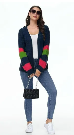 NEW Blue Preppy 80’s Lightweight Sweater Color Block Oversized Cardigan 2X thumbnail 8