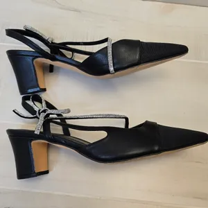 {11} Coutgo Rhinestone Slingback Chunky Heel Pointes Toe Black thumbnail 1