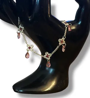 Silver tone flower link pink dangles anklet thumbnail 3