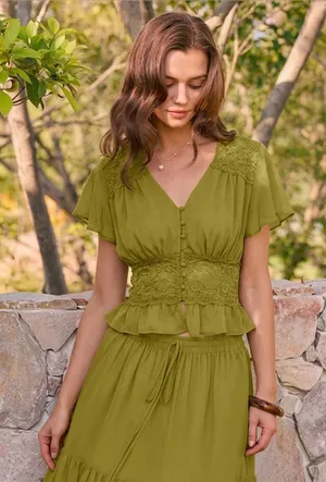 Rihoas Green V Neck Ruched Blouse thumbnail 1