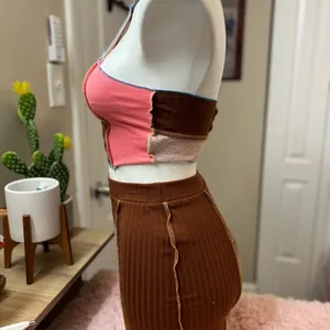 Women’s Patchwork Halter Crop Top & Ribbed Skirt Set XS Brown Pink Two Piece Out thumbnail 2