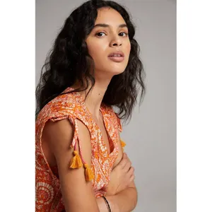 Anthropologie Terra Shirred Orange Paisley Tassel Tie V-Neck Blouse Large thumbnail 2