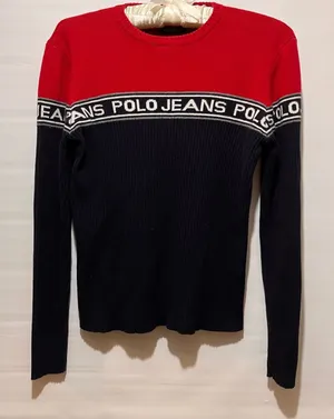 Polo Jeans Co Ralph Lauren Women's Red Navy Blue Striped‎ Logo Sweater Size S thumbnail 1