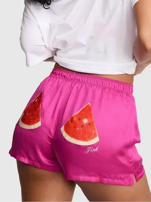 🍉VICTORIA’S SECRET PINK Silky Boxy Pajama Shorts Lyocell Pink Fire Watermelon L thumbnail 1