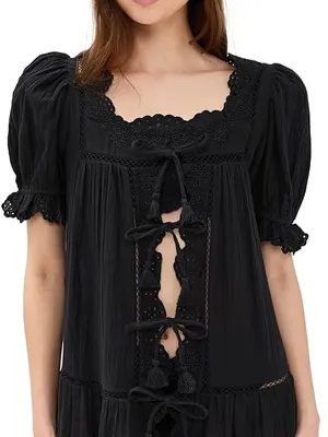 Sea New York Women’s Mae Short Sleeve Coverup Tie Front Black Cotton Mini Dress thumbnail 2