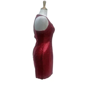 VTG Y2K Sequin Cocktail Mini Dress XS Red Metallic Sweetheart Racerback 90s Glam thumbnail 6