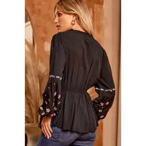 Savanna Jane Floral Embroidered Cinch Waist Top Size Small Black V-Neck thumbnail 2