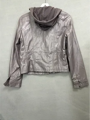 J2 Women’s M Gray Hooded Full Zip Jacket Pockets Long Sleeve Short Faux Leather thumbnail 3