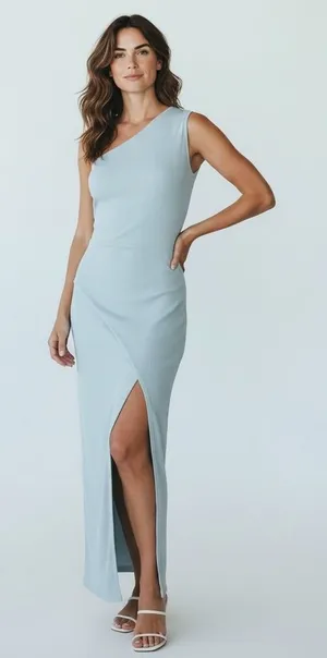 Abercrombie & Fitch One Shoulder‎ Ribbed Maxi Dress Light Blue Tall XST NEW thumbnail 1