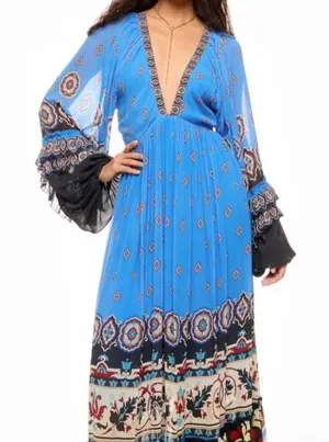 FARM Rio Anika Tiles Blue Maxi Dress Size XS thumbnail 1
