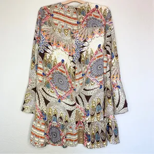 Umgee Bohemian Multicolor Printed Bell Sleeve Ruffle Hem Mini Dress Size L thumbnail 4