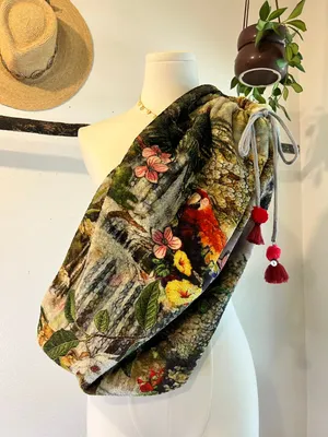 Johnny Was Cozy Plush Drawstring Bucket Sling Bag Large Tropical Parrot Jungle thumbnail 1
