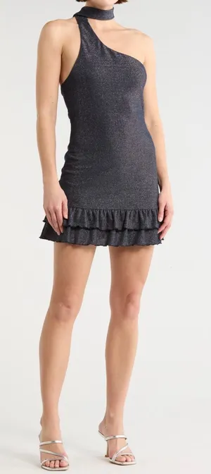 Le Lis Collection Navy Shimmer One Shoulder Ruffle Mini Dress Size S thumbnail 1