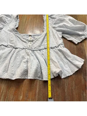 Free People Baby Blue Seersucker Puff Sleeve Babydoll Top Smocked Back S thumbnail 10
