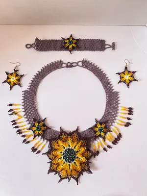 Handmade Sunflower Seed Bead Jewelry Set - Yellow & purple multicolor thumbnail 3
