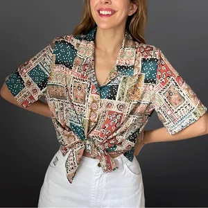 VINTAGE 1990s patchwork pattern button down blouse thumbnail 1