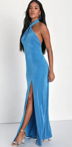 Lulus Stunning Attitude Blue Keyhole Halter Neck Maxi Dress thumbnail 3