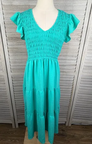 BY THE RIVER (Anthropologie) Boho Smocked Tiered Hem Maxi Dress Emerald Green-L thumbnail 1