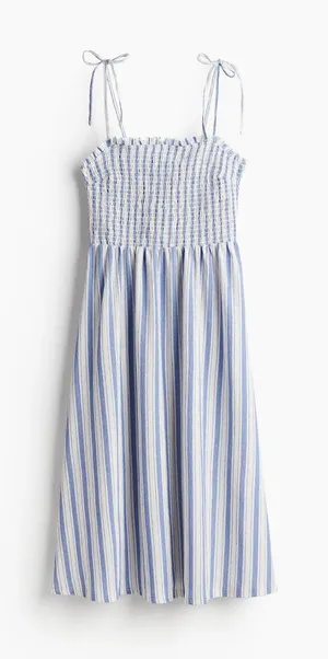H&M Divided Light Blue Striped Smocked Tie Shoulder Midi Dress XS Coastal Summer thumbnail 1