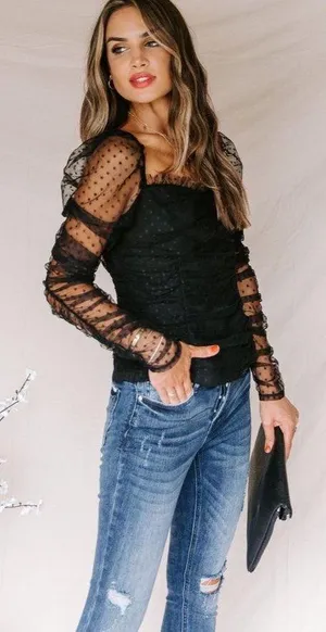 VICI Benefit Polka Dot Ruched Gathered Sleeve Mesh Tulle Top by Free the Roses thumbnail 2