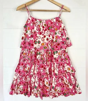 TCEC Pleated Tiered Circle Print Mini Dress Spaghetti Strap Pink Red White M thumbnail 2
